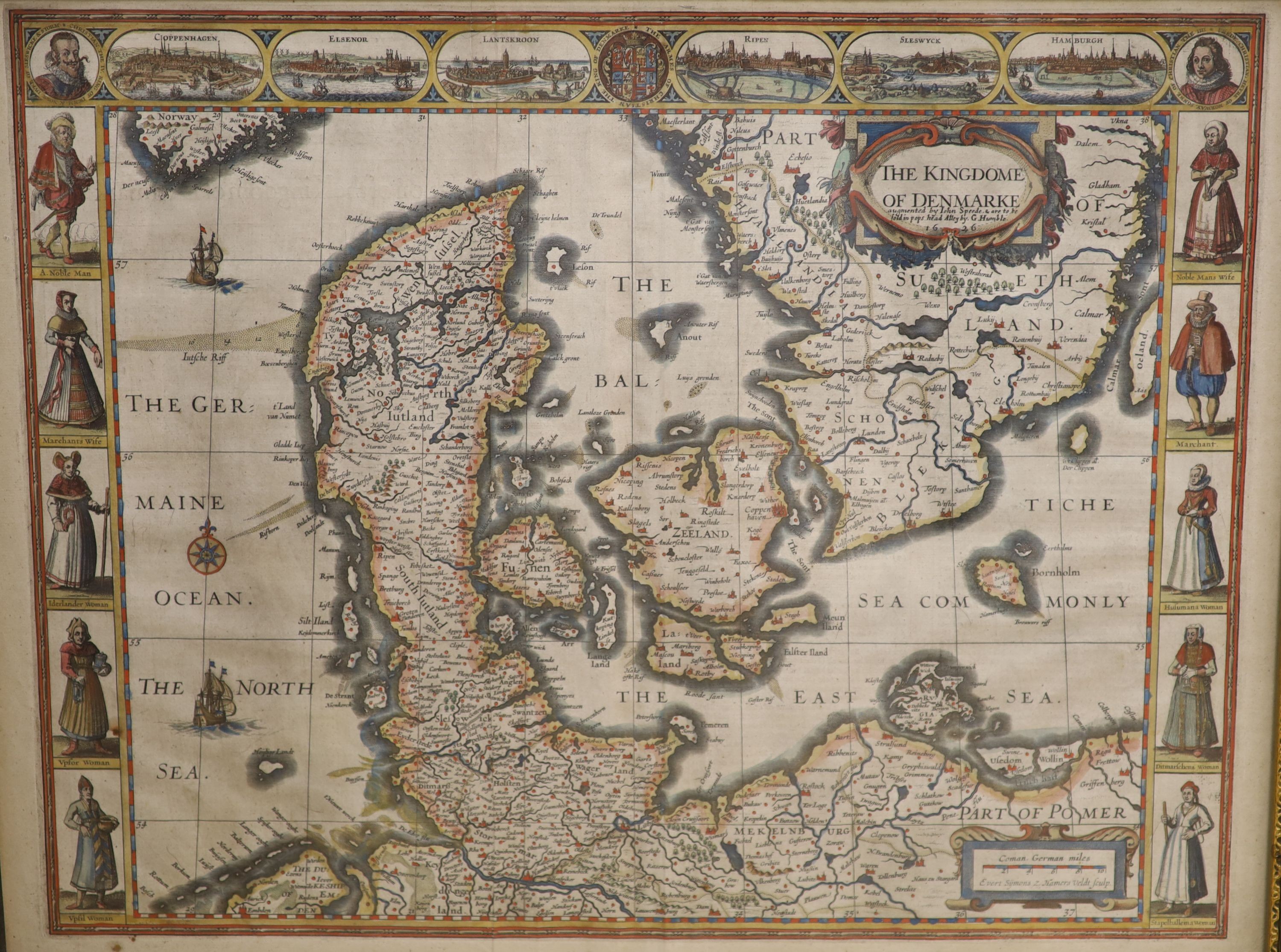 Three coloured engraved maps - ‘’Carte de Norwege & Suede’’, 1755, 50 x 57cm. ‘’The Kingdom of Denmarke’’, augmented by John Speede, 1626, 42 x 54cm. and ‘’A New map of Germany’’ augmented by John Speede, 1626, 41 x 52.5